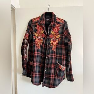 Johnny Was Plaid Embroidered Button Down - Size M